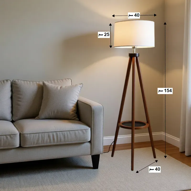 لمبادير خشبي بتصميم ثلاثي الأرجل مودرن مع هيكل هندسي مفتوح – إضاءة وديكور فاخر، موديل 030395 لمبادير خشبي ثلاثي الأرجل بأبعاد 154 سم ارتفاع، وشابو بقطر 40 سم وارتفاع 25 سم، بينما المسافة بين القوائم 40 سم